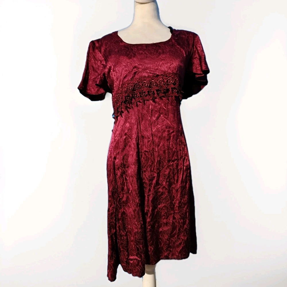 Vintage JODY California Merlot Floral Satin Tie Back Dress w/ Crochet Trim - S 7
